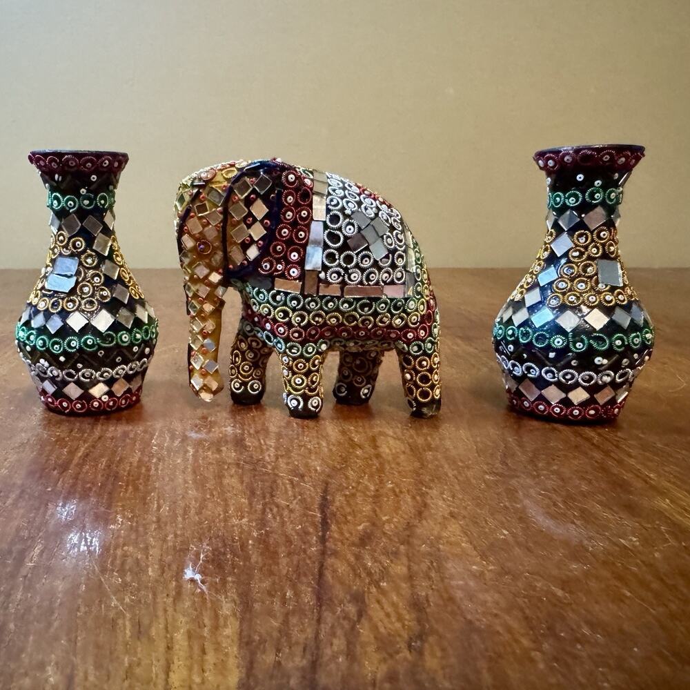 Indian Rajasthani Mirror Mosaic Elephant & Vases 3 Pc Boho Folk Art Decor